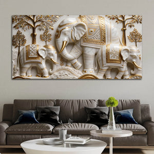 Regal White Elephant Family with Golden Embellishments 3D Canvas Wall Painting