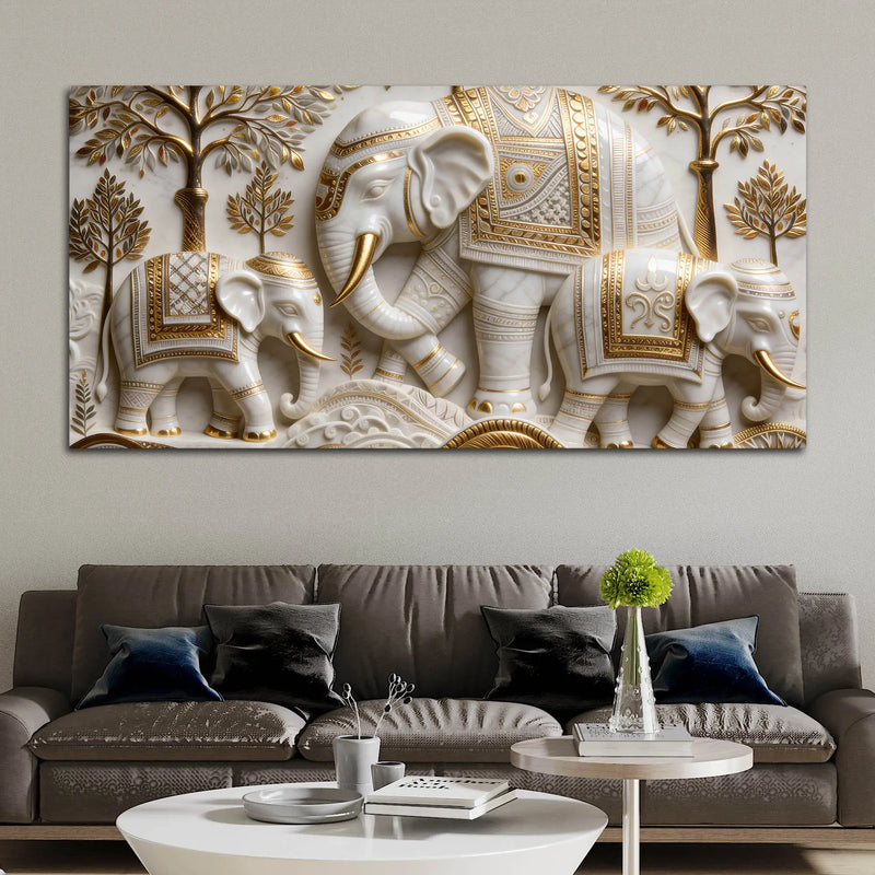 Regal White Elephant Family with Golden Embellishments 3D Canvas Wall Painting