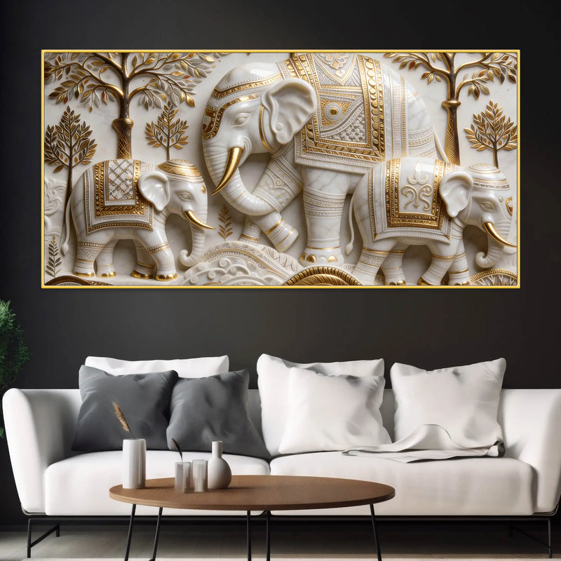 Regal White Elephant Family with Golden Embellishments 3D Canvas Wall Painting