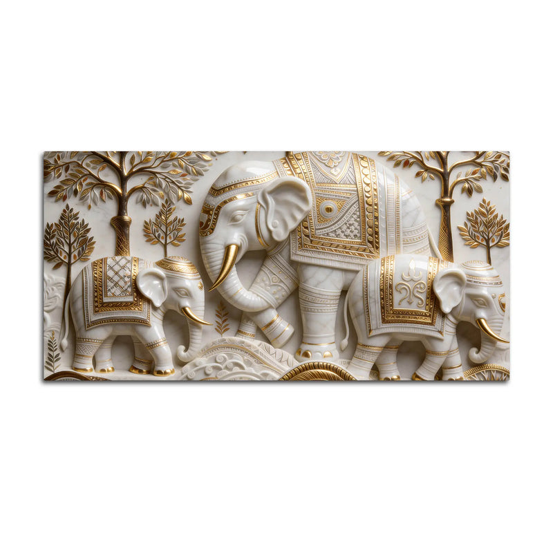Regal White Elephant Family with Golden Embellishments 3D Canvas Wall Painting