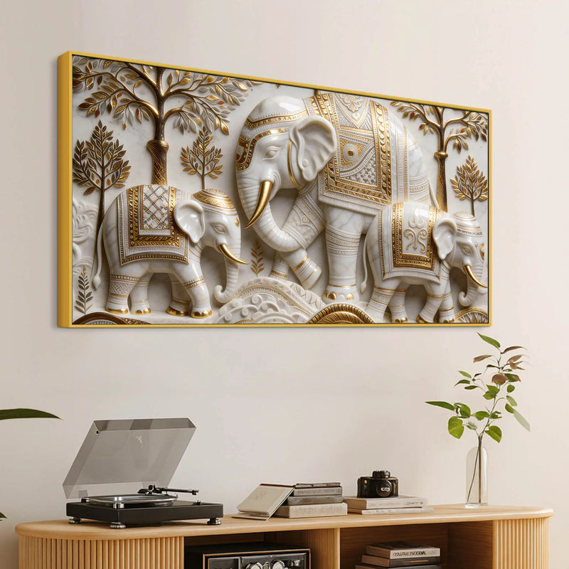 Regal White Elephant Family with Golden Embellishments 3D Canvas Wall Painting
