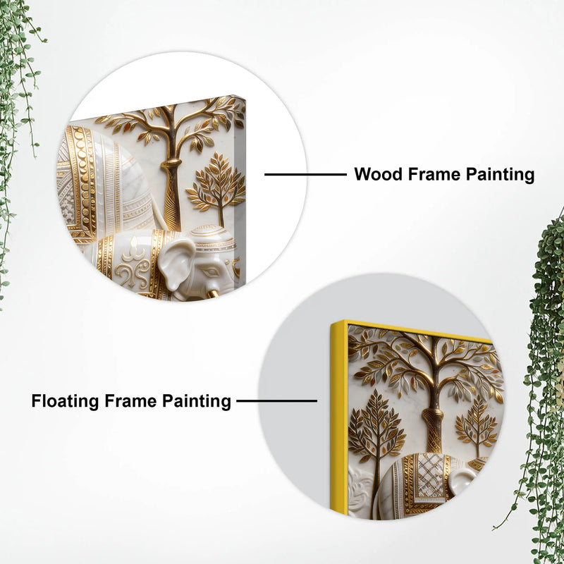 Regal White Elephant Family with Golden Embellishments 3D Canvas Wall Painting