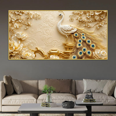 Regal White Peacock on Ornate Golden Pedestal 3D Canvas Wall Painting