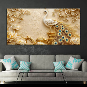 Regal White Peacock on Ornate Golden Pedestal 3D Canvas Wall Painting