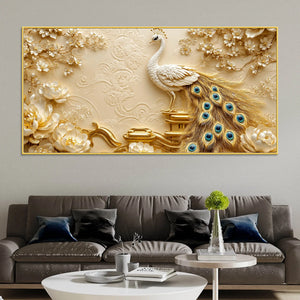 Regal White Peacock on Ornate Golden Pedestal 3D Canvas Wall Painting