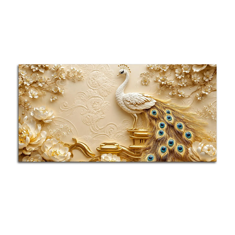 Regal White Peacock on Ornate Golden Pedestal 3D Canvas Wall Painting