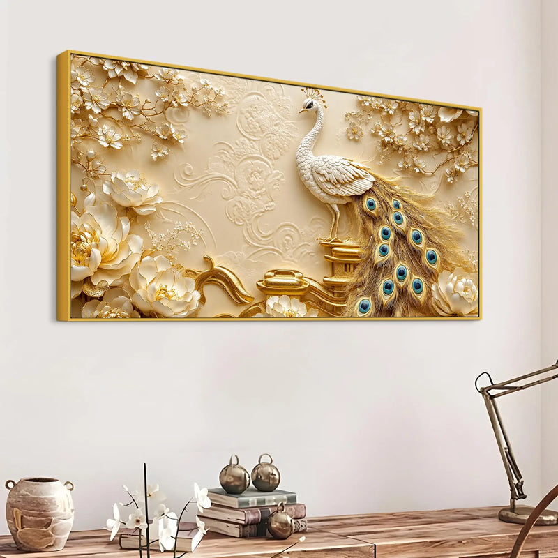 Regal White Peacock on Ornate Golden Pedestal 3D Canvas Wall Painting