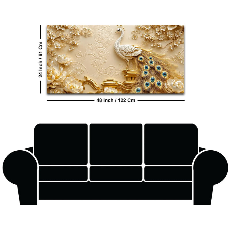 Regal White Peacock on Ornate Golden Pedestal 3D Canvas Wall Painting