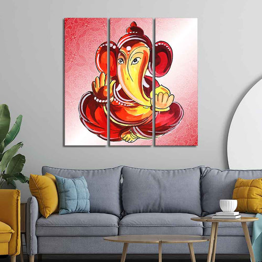 Religious Lord Ganesha Canvas Wall Painting Set of Three