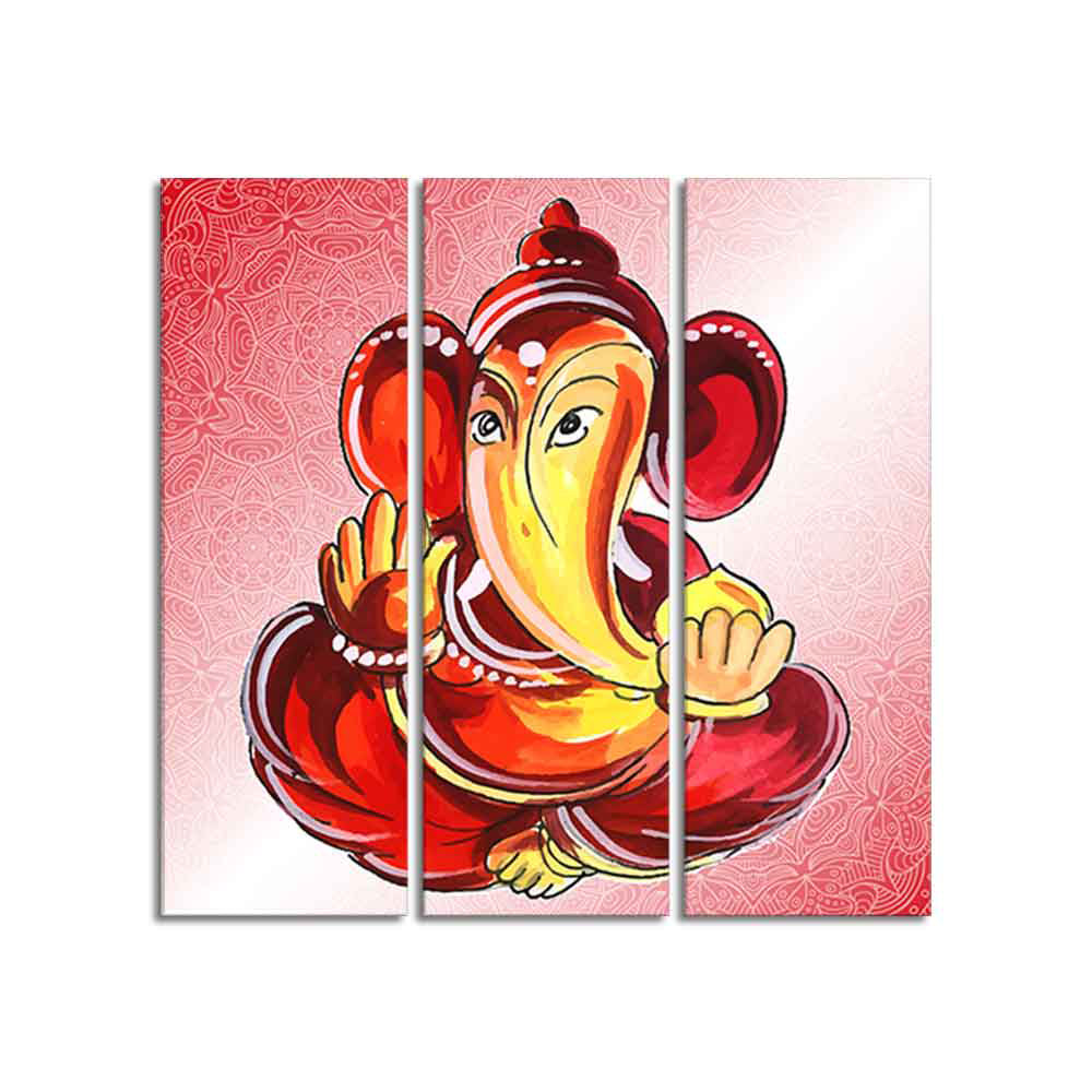 Religious Lord Ganesha Canvas Wall Painting Set of Three