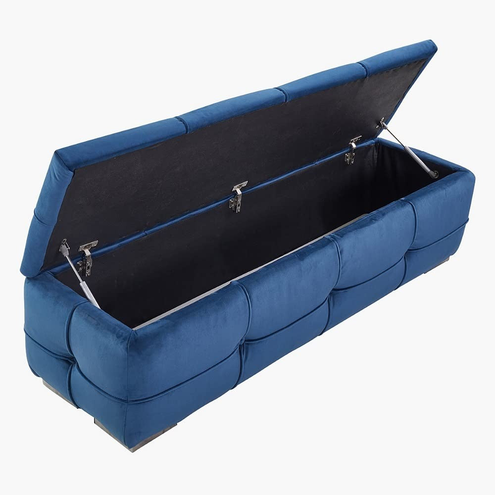 Rich Blue Velvet Tufted Storage Bench with Seating and Organizer Space