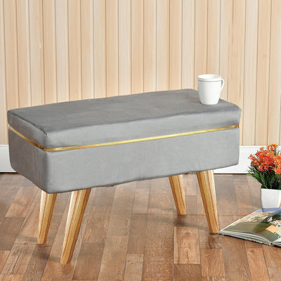Rich Grey Velvet Ottoman Bench with Golden Classic Legs