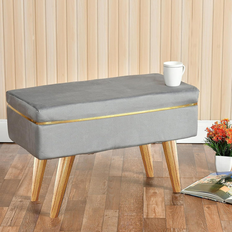 Rich Grey Velvet Ottoman Bench with Golden Classic Legs