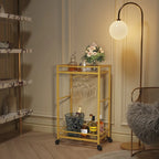 Rolling Golden Bar Cart with Bottle & Glass Organizer