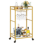 Rolling Golden Bar Cart with Bottle & Glass Organizer