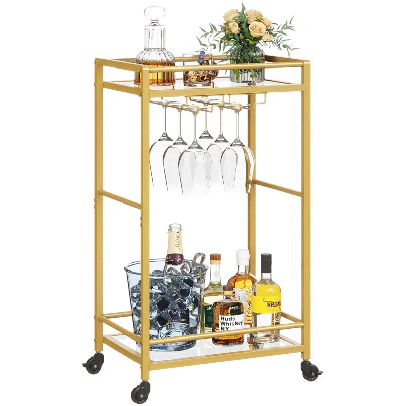 Rolling Golden Bar Cart with Bottle & Glass Organizer