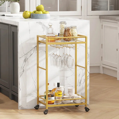 Rolling Golden Bar Cart with Bottle & Glass Organizer