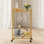 Rolling Golden Bar Cart with Bottle & Glass Organizer