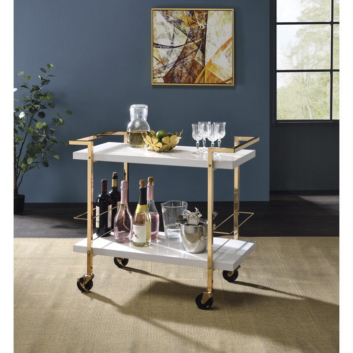 Rolling White Bar Trolley with Sophisticated Golden Metal Finish
