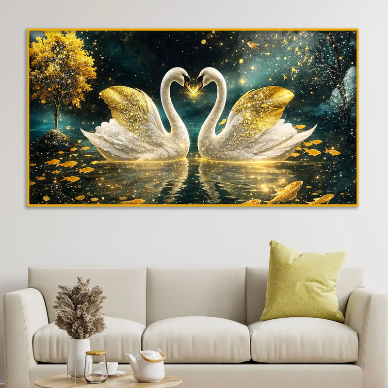 Romantic Swan Couple Crystal Glass Wall Art Home Decor Painting