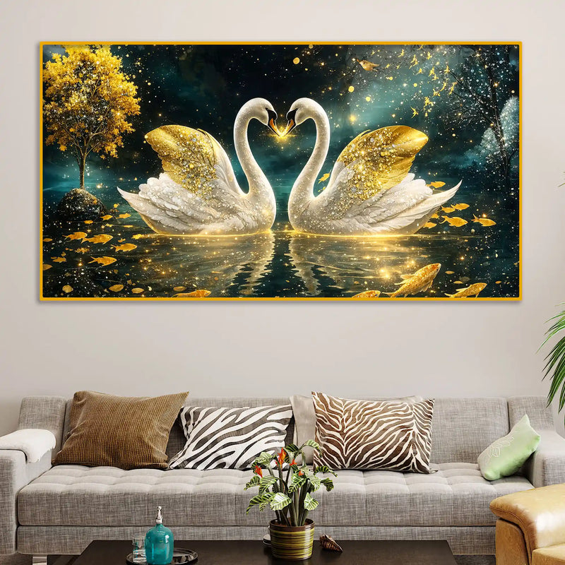 Romantic Swan Couple Crystal Glass Wall Art Home Decor Painting