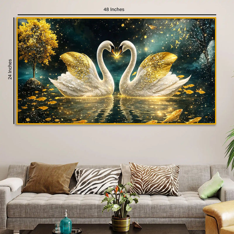 Romantic Swan Couple Crystal Glass Wall Art Home Decor Painting