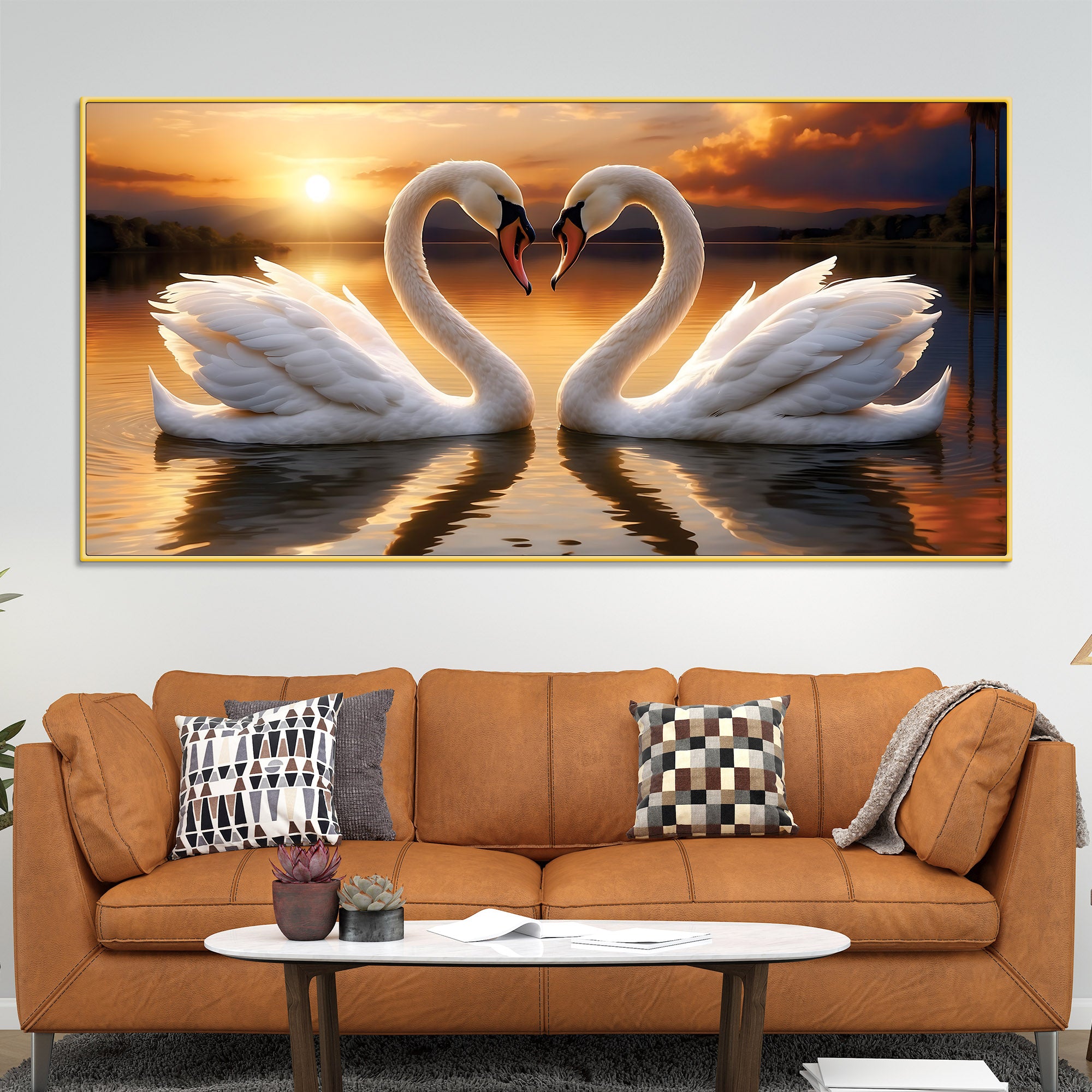 Romantic Swan Couple Wall Painting for Living Room Décor