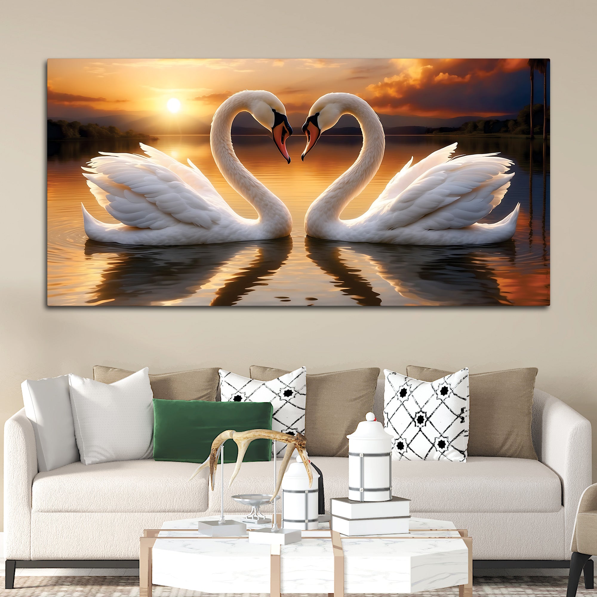 Romantic Swan Couple Wall Painting for Living Room Décor