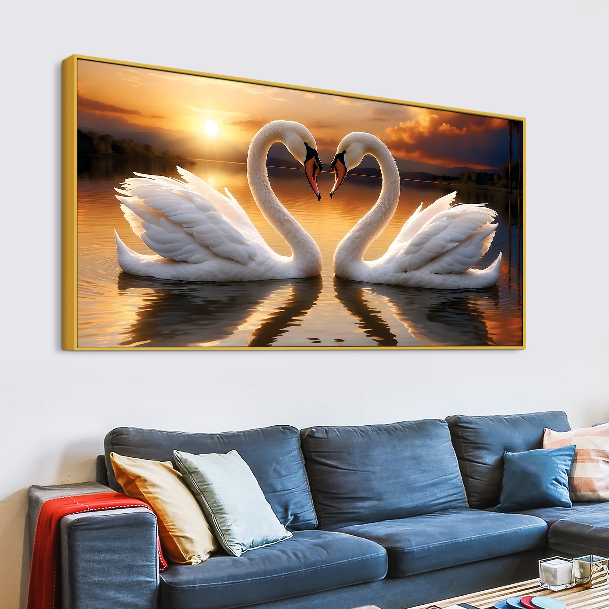 Romantic Swan Couple Wall Painting for Living Room Décor