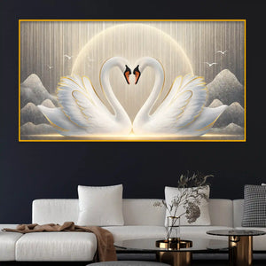Romantic Swan Pair Heart Shape Crystal Glass Painting for Living Room Décor