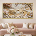 Romantic White Swan Couple in Golden Lake 3D Canvas Wall Painting