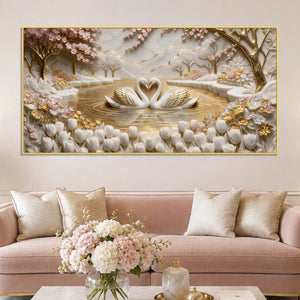 Romantic White Swan Couple in Golden Lake 3D Canvas Wall Painting
