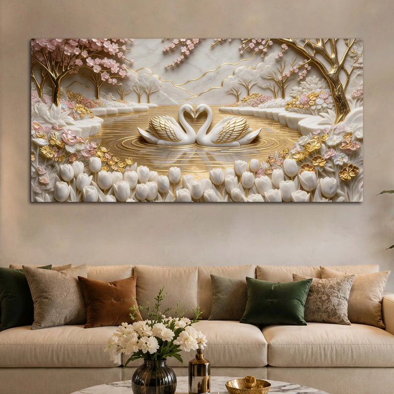 Romantic White Swan Couple in Golden Lake 3D Canvas Wall Painting