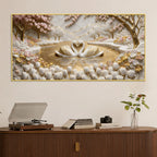 Romantic White Swan Couple in Golden Lake 3D Canvas Wall Painting