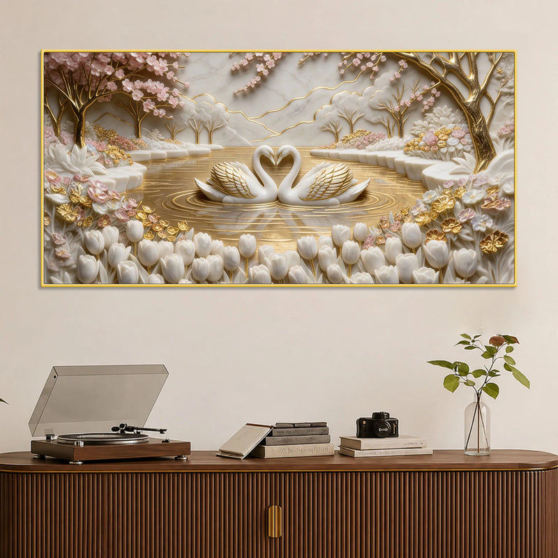 Romantic White Swan Couple in Golden Lake 3D Canvas Wall Painting