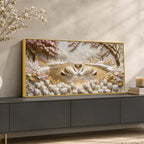 Romantic White Swan Couple in Golden Lake 3D Canvas Wall Painting