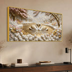Romantic White Swan Couple in Golden Lake 3D Canvas Wall Painting