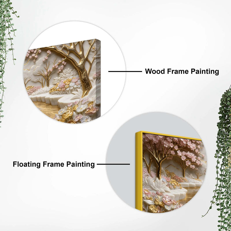 Romantic White Swan Couple in Golden Lake 3D Canvas Wall Painting