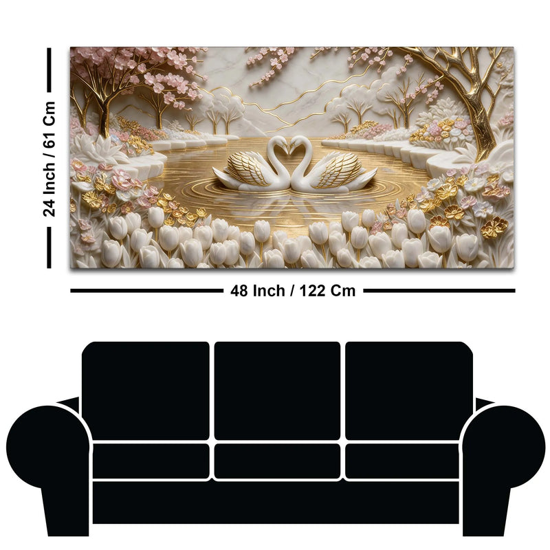Romantic White Swan Couple in Golden Lake 3D Canvas Wall Painting