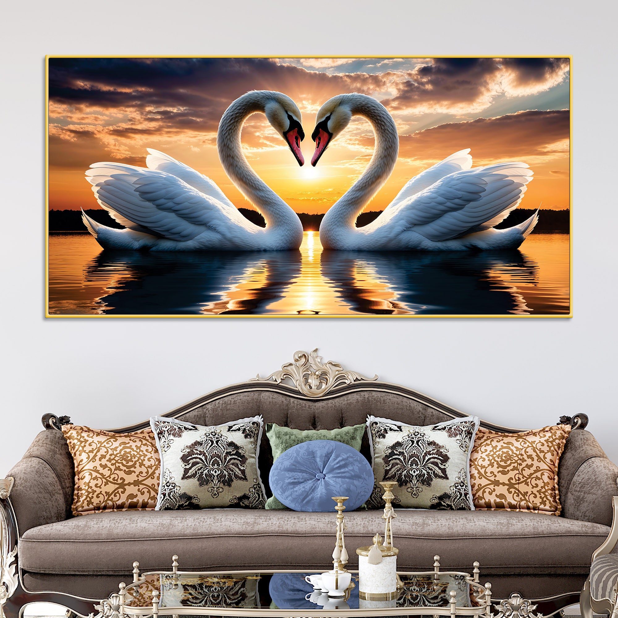 romantic-white-swan-wall-painting-for-modern-living-room