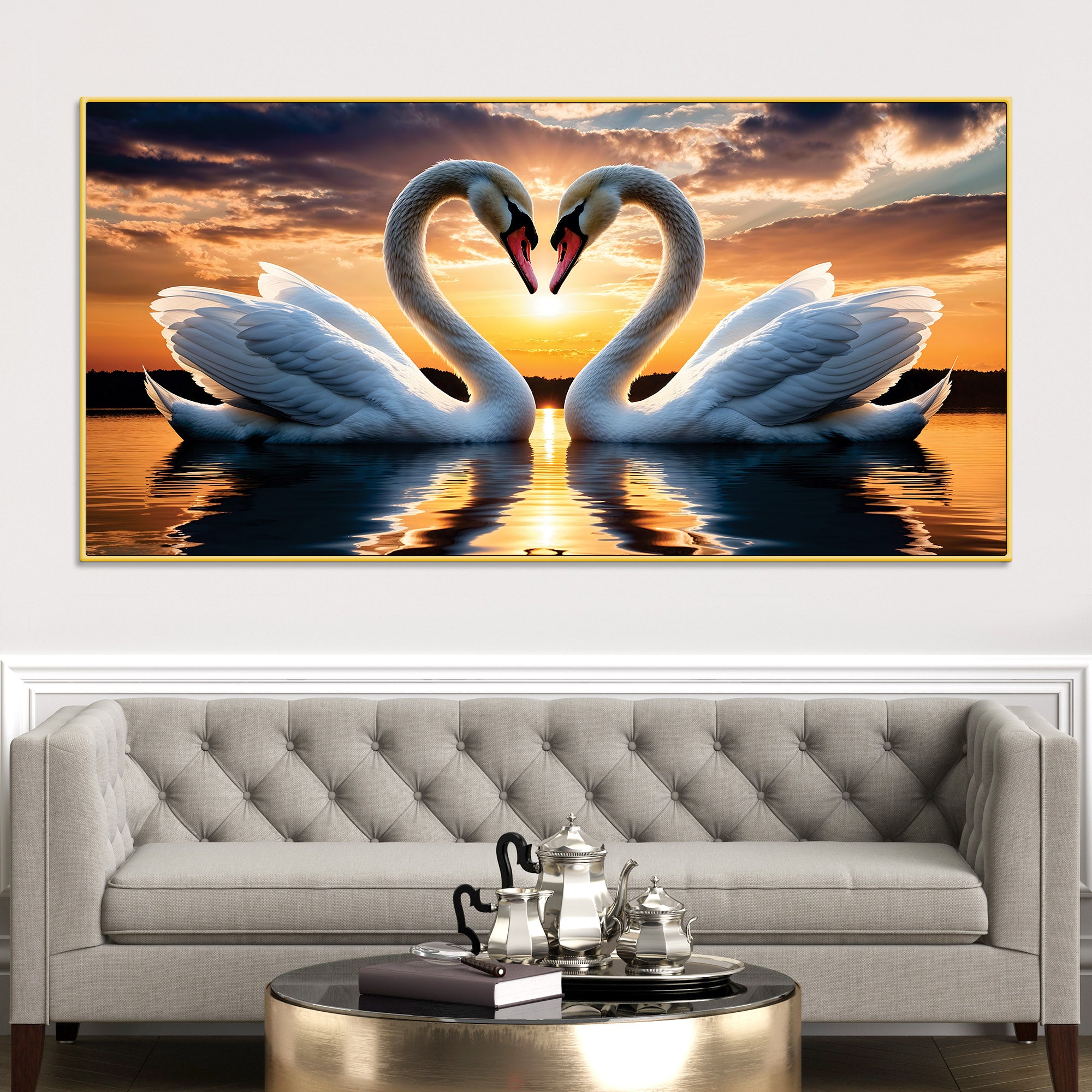 Romantic White Swan Wall Painting for Modern Living Room