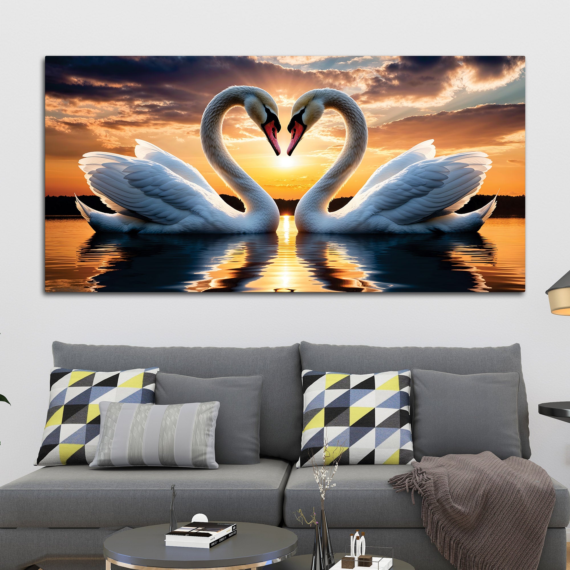 Romantic White Swan Wall Painting for Modern Living Room