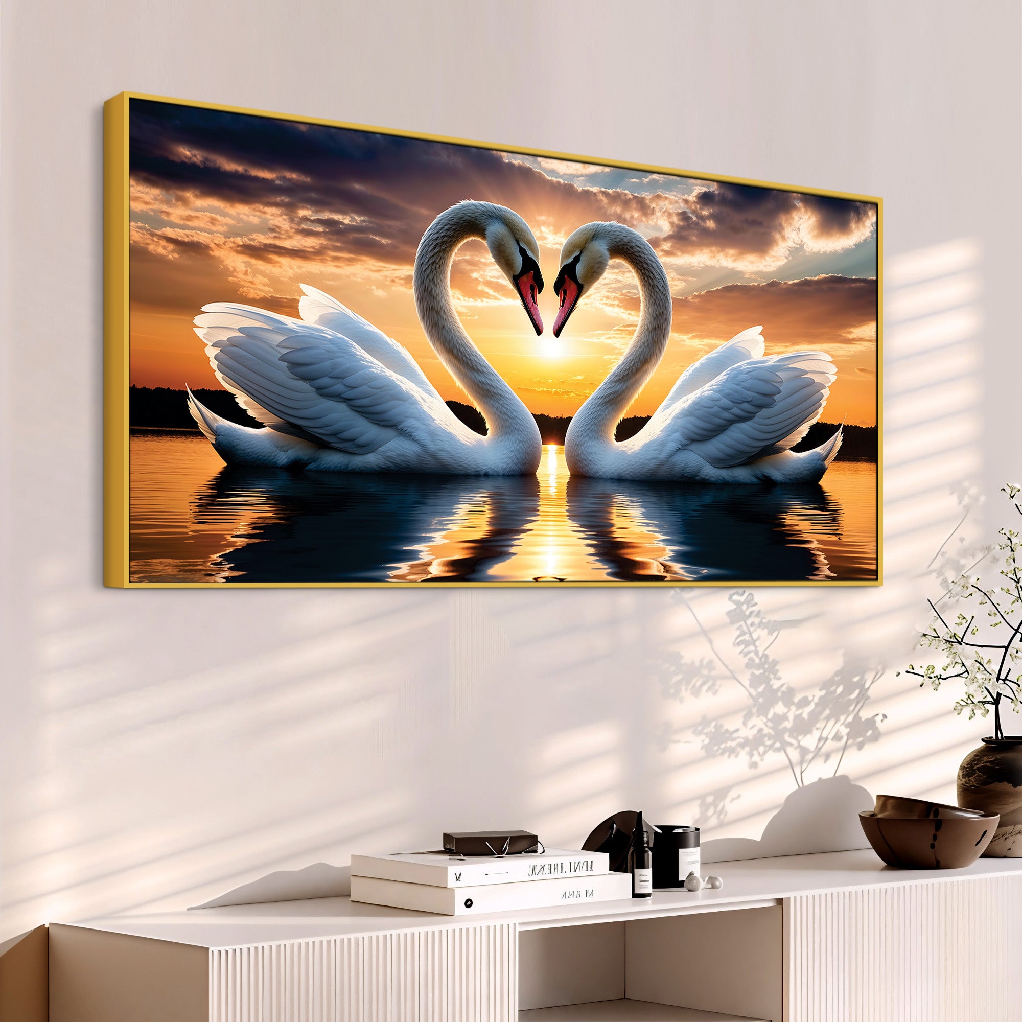 Romantic White Swan Wall Painting for Modern Living Room