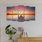 Romantic Wooden Jetty in Sunset Canvas wall Painting of Five Pieces