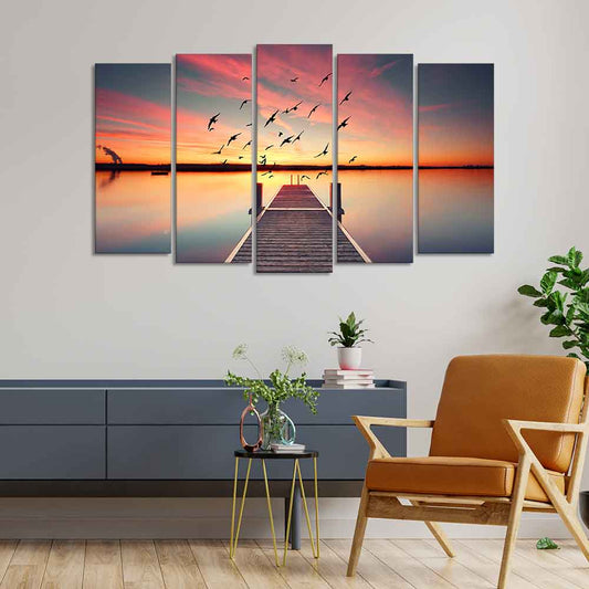 Romantic Wooden Jetty in Sunset Canvas wall Painting of Five Pieces