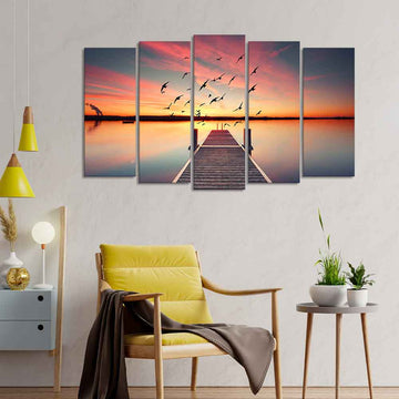 Romantic Wooden Jetty in Sunset Canvas wall Painting of Five Pieces