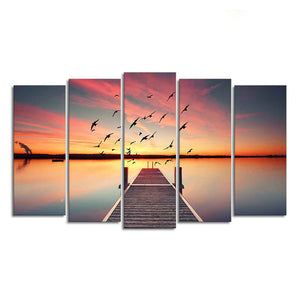 Romantic Wooden Jetty in Sunset Canvas wall Painting of Five Pieces