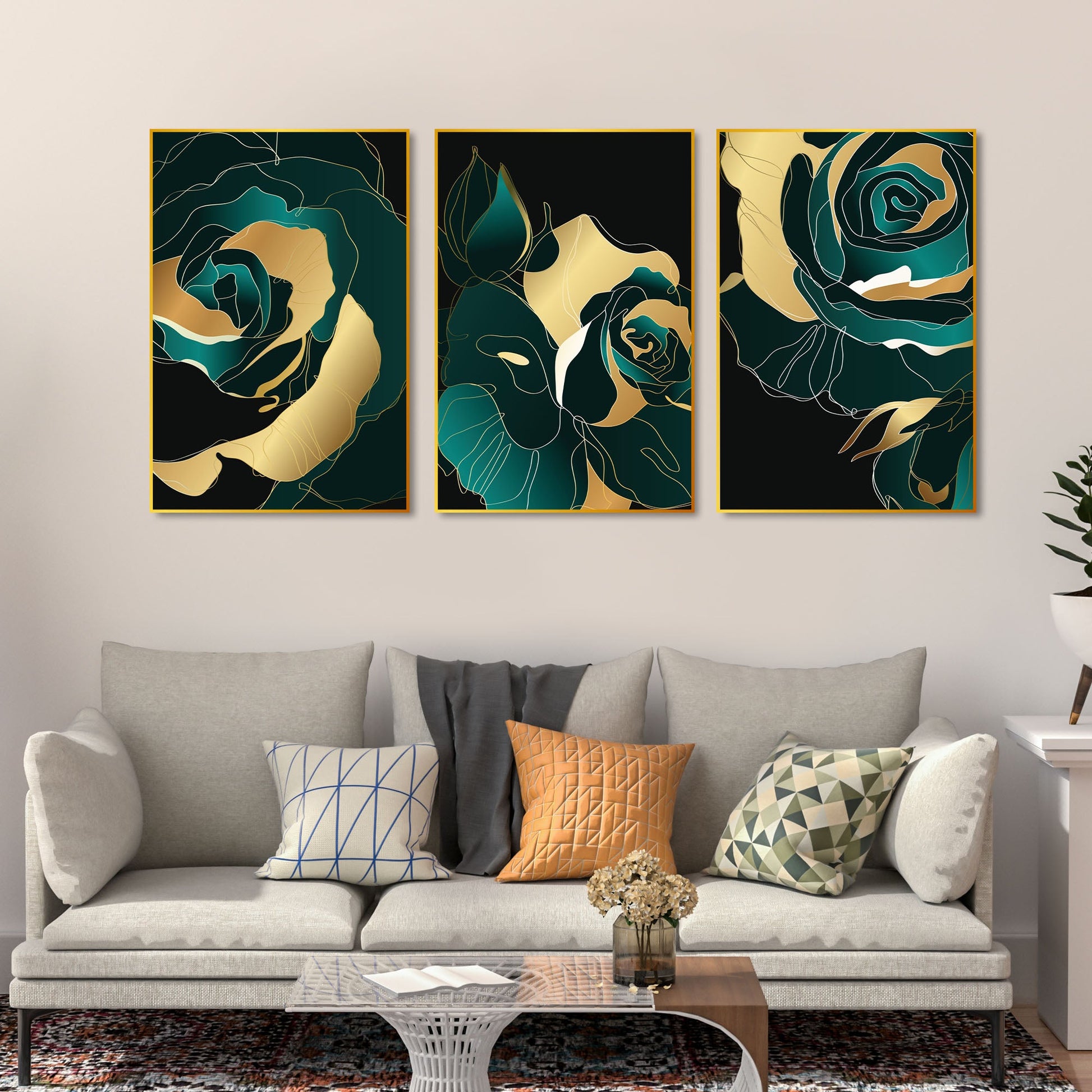 Rose Abstract Line Art Floating Canvas Wall Painting Set of Three