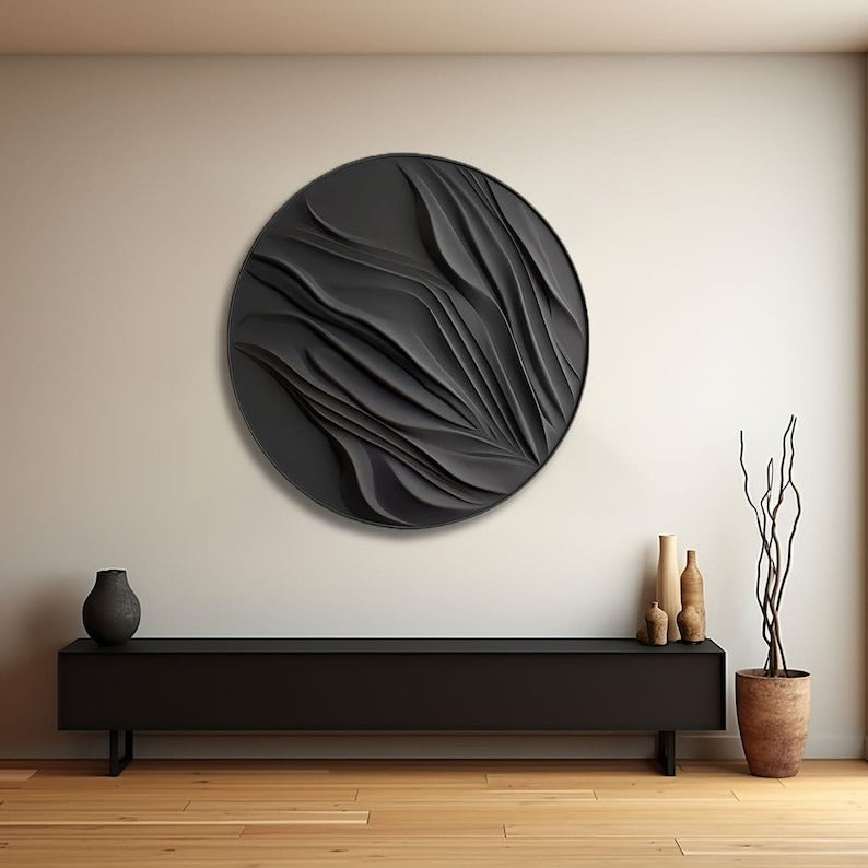 Round Black 3D Wall Art Panel with Flowing Abstract Design