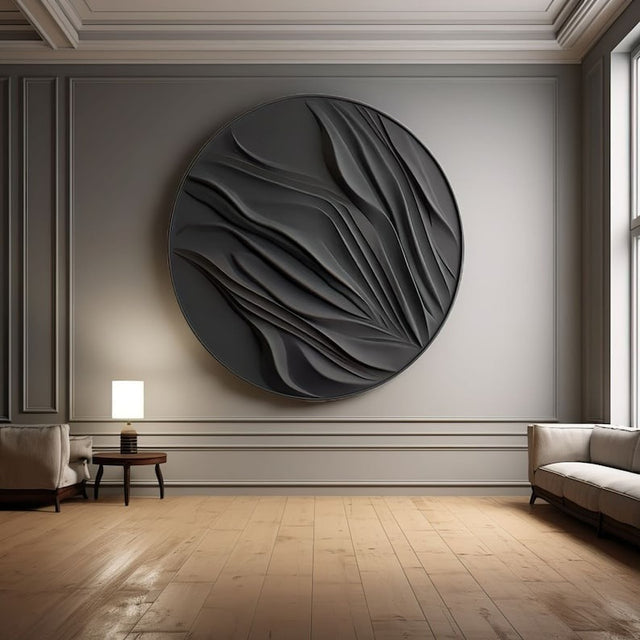 Round Black 3D Wall Art Panel with Flowing Abstract Design